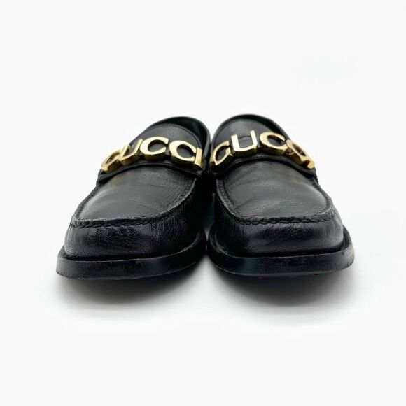 GUCCI Cara Signature Letters Logo Black Loafers Size 37.5 Leather Flat Shoes - Picture 6 of 14